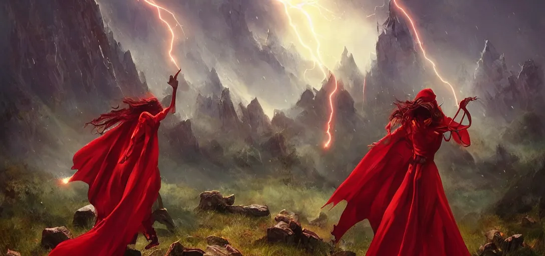 Prompt: sorceress witch wearing a red cape casting a powerful spell on the village in the mountains, fantasy, epic, atmospheric, dark, lightning, by artgerm, by greg rutkowski, by noah bradley, digital avedon