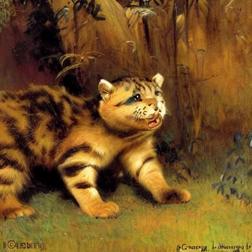 Prompt: a half cat half bear hybrid at a zoo, highly detailed painting by gaston bussiere, craig mullins, j. c. leyendecker