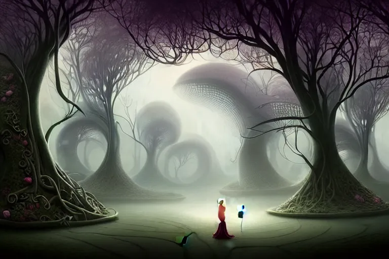 Image similar to an epic elegant mysterious beguiling masterpiece fantasy matte painting of an impossible path winding through forest dream worlds with surreal architecture designed by heironymous bosch, structures inspired by heironymous bosch's garden of earthly delights, surreal root interiors by cyril rolando and asher durand and natalie shau, insanely detailed, whimsical, intricate, sharp focus, elite