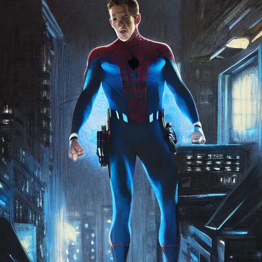 Image similar to ryan reynolds as spider - man, wearing a black and blue suit, cinematic, volumetric lighting, f 8 aperture, cinematic eastman 5 3 8 4 film, photorealistic by greg rutkowski, by stanley artgerm, by alphonse mucha