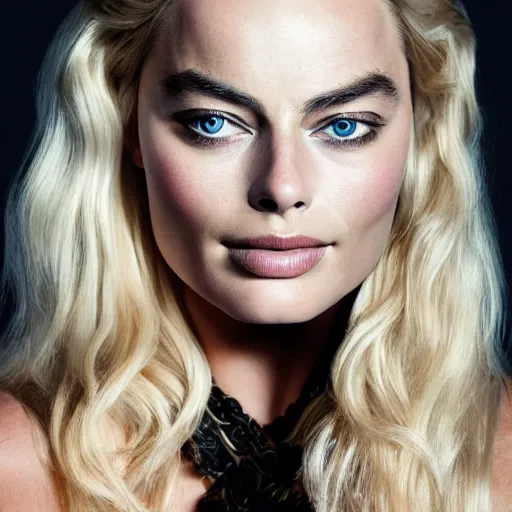 Image similar to A mix of margot robbie and khaleesi, portrait, highly detailed, professional photograph, studio lighting, sharp, 8k, HD