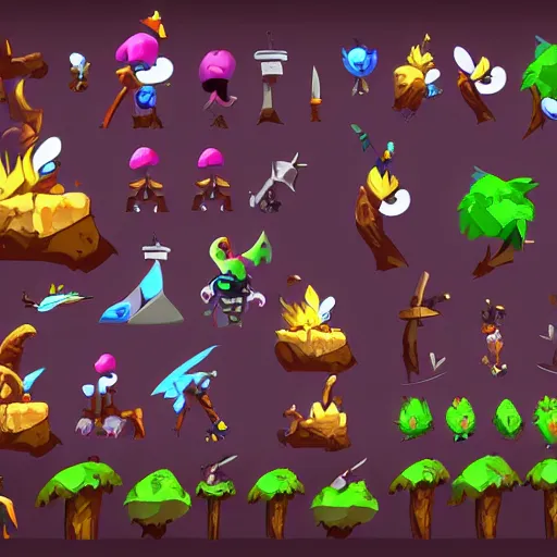 Prompt: A game assets spritesheet by Rayman legends online, props, terrain, trees, and scenario assets, mobile game, vector art, very detailed