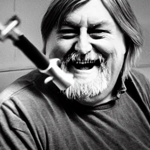 Image similar to laughing robert wyatt with mouth wide open pointing a gun directly at the camera