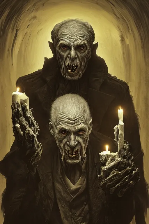 Image similar to portrait of a old vampire with long bear, intricate wrinkles, dystopian terror, night light, extremely detailed, hands, digital painting, lighting by candles, sculpted in zbrush, artstation, concept art, smooth, sharp focus, illustration, chiaroscuro lighting, golden ratio, incredible art by Stanley Artgerm Lau and Greg Rutkowski, composition by Alphonse Mucha and Simon Stalenhag