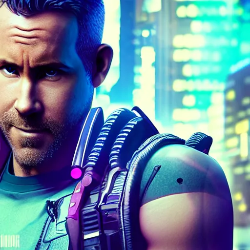 Image similar to ryan reynolds portrait, cyberpunk 2 0 7 7, cyberpunk, photorealistic, ultra detailed, neon, octane, bokeh, cinematic lighting, cyber, cyberpunk city, studio quality, feature, scars, cyberface, 8 k