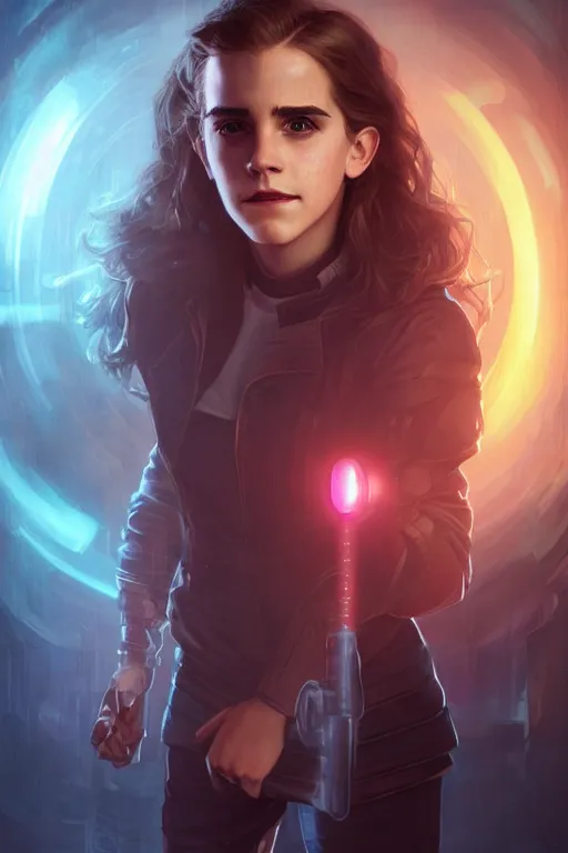 Image similar to portrait of cyborg Emma Watson as Hermione Granger in cyberpunk, neon lighting, night city, digital art from artstation by Ruan Jia and Mandy Jurgens and Artgerm and william-adolphe bouguereau and Greg Rutkowski and Wayne Barlowe