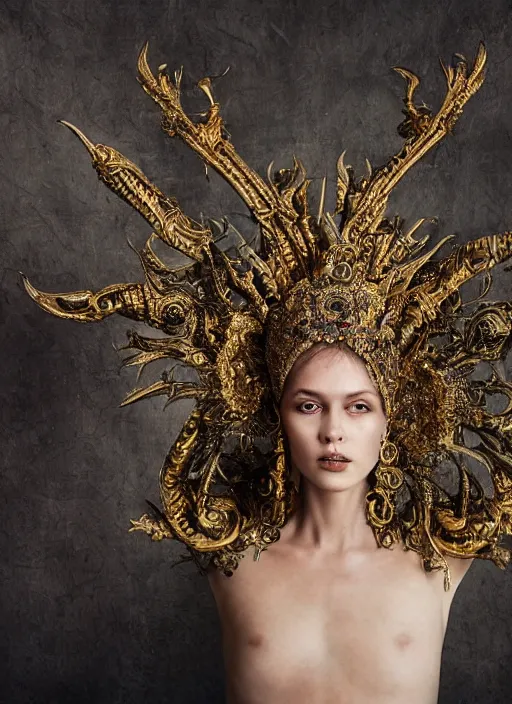 Image similar to a portrait of female model by stefan geselle and nekro borja, photorealistic, intricate details, hyper realistic, fantasy, elegant, ornate metal gold headpiece, photorealistic, canon r 3, photography, wide shot, symmetrical features, wide angle shot, head to toe, standing pose, feet on the ground, studio background