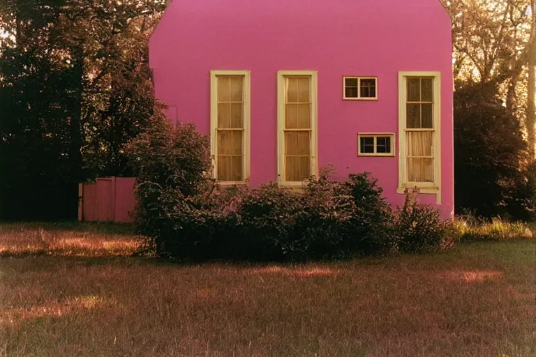 Prompt: film photography from 7 0 s, pink house with many windows, soft light, golden hour, in style of joel meyerowitz