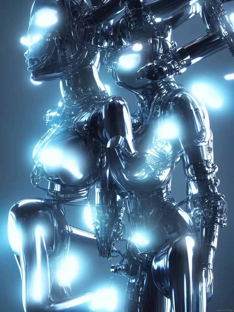 Image similar to cinematic, photography, medium shot, portrait, a beautiful betty page cyborg, perfect chromium bionic body, holographic ui data displays, hud interface, floating power cables, hajime sorayama, h. r. giger, octane rendered, 4 k, lens flare,