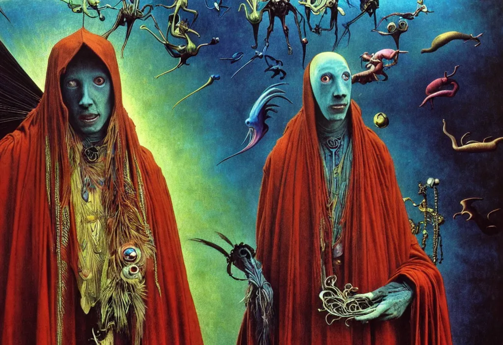 Image similar to realistic detailed portrait movie still of a birdman wearing dark robes, surreal sci fi landscape background by denis villeneuve, amano, yves tanguy, alphonse mucha, ernst haeckel, max ernst, roger dean, masterpiece, rich moody colours, blue eyes, snarling dog teeth