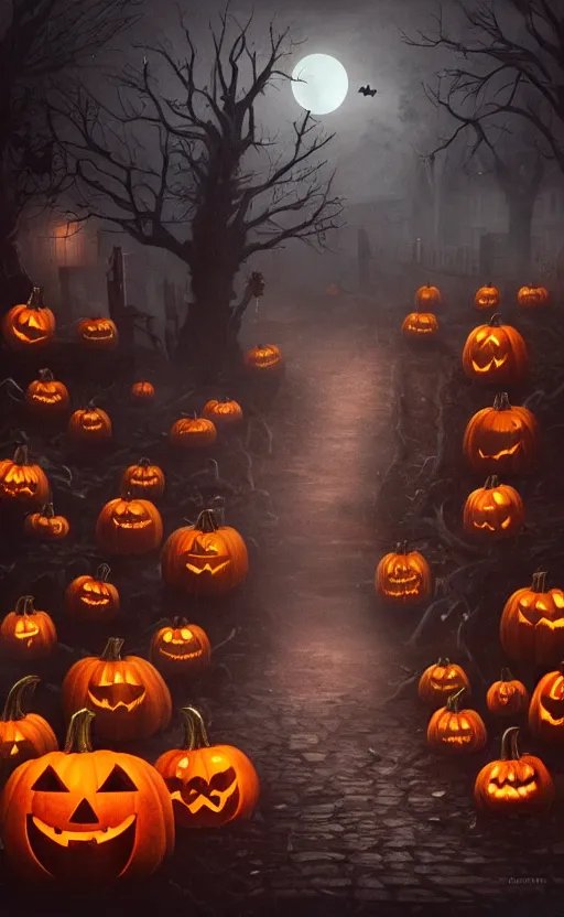 Image similar to a creepy and eery Halloween setting, with Jack o lanterns on the street and shadow figures lurking about, dynamic lighting, photorealistic fantasy concept art, stunning visuals, creative, cinematic, ultra detailed, trending on art station, spooky vibe