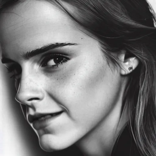 Prompt: Emma Watson closeup of face shoulders and very long hair hair pouting and grinning Vogue fashion shoot by Peter Lindbergh fashion poses detailed professional studio lighting dramatic shadows professional photograph by Cecil Beaton, Lee Miller, Irving Penn, David Bailey, Corinne Day, Patrick Demarchelier, Nick Knight, Herb Ritts, Mario Testino, Tim Walker, Bruce Weber, Edward Steichen, Albert Watson