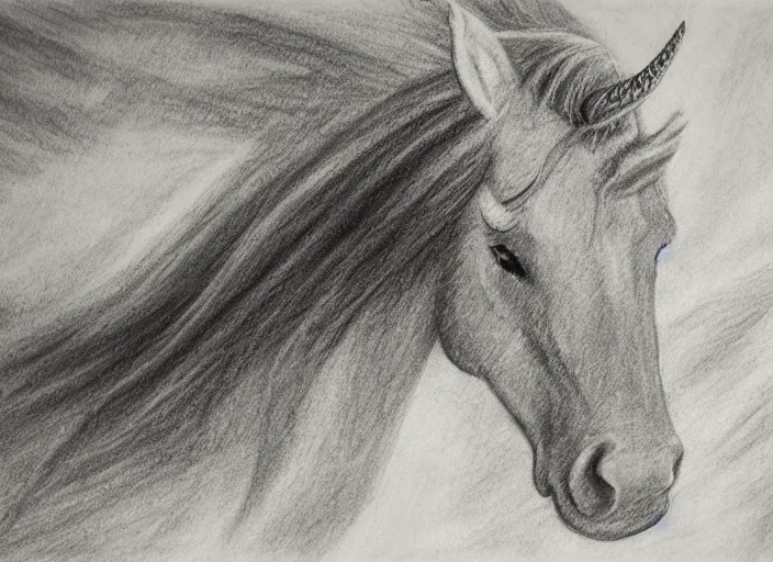 Realistic charcoal drawing of galloping horse in black and white
