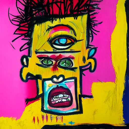 Image similar to pink and yellow and red detailed neo expressionism oil painting of sad boy rapper crying with tattoos by basquiat