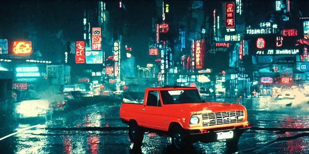 Image similar to a single ford bronco, speeding down tokyo highway in the rain, night time, neon lights, thunderstorm, movie still from the film bladerunner