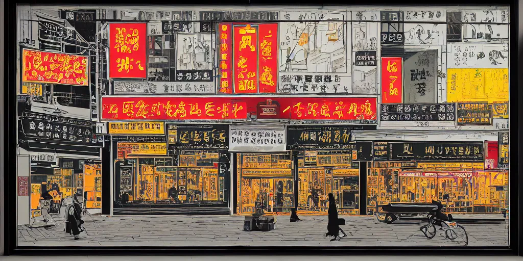 Image similar to a shop window in hong kong, by dan mumford and peter doig and edward hopper, minimal, black in, thick black lines highly detailed, muted colours, overlaid with chinese adverts, 8 k