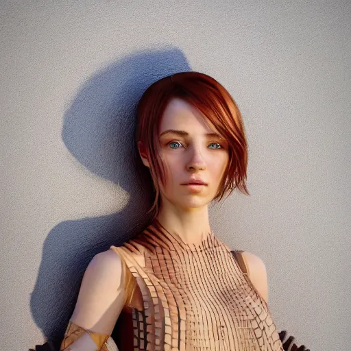 Image similar to beautiful girl in a dress made of wood, beautiful portrait, symmetrical, character concept style trending on artstation concept art detailed octane render cinematic photo - realistic 8 k high detailed