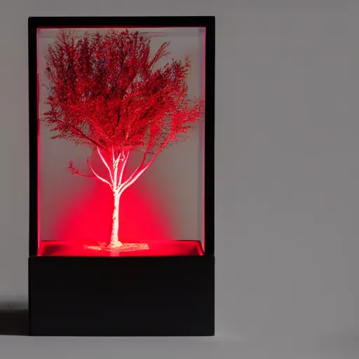 Prompt: a mystical tree glowing inside a glass box with red light surrounding the outside and a black background