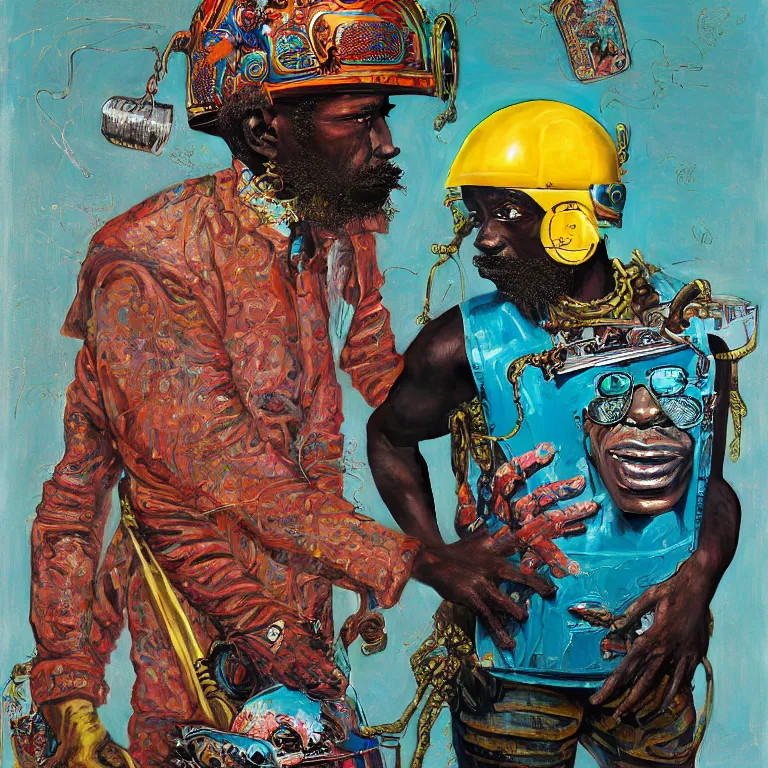 Prompt: portrait of a caribbean welder in ornate motorcycle helmet, background turquoise plastic bag, circuitboard, rich deep colors, ultra detail, by francis bacon, james ginn, petra courtright, jenny saville, gerhard richter, zdzisaw beksinsk, takato yamamoto. stanley kubrick mood, masterpiece, elegant, studio ighting, 3 5 mm