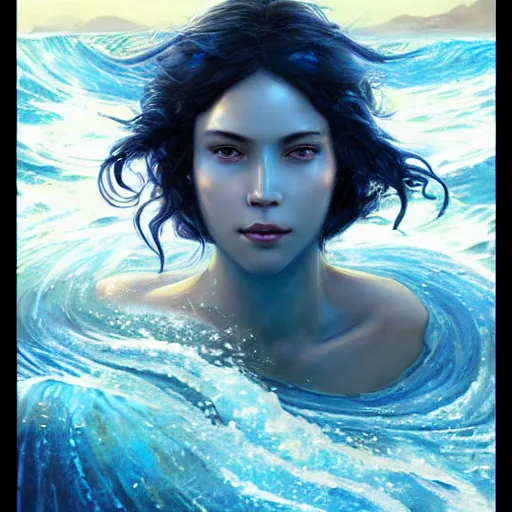Prompt: beautiful portrait of a mystical black haired goddess of the sea wearing long blue gold water robes rising up from the deep blue waves, oil painting by Greg Rutkowski and Charlie Bowater and Artgerm, unreal 5, DAZ, RPG Portrait, trending on artstation, dynamic lighting, misty, ocean, blue theme, afternoon light