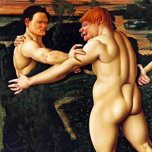 Prompt: conan o'brien and andy richter wrestling, by sandro botticelli, oil on canvas