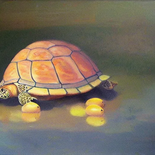 Prompt: eggs on turtle, oil painting,