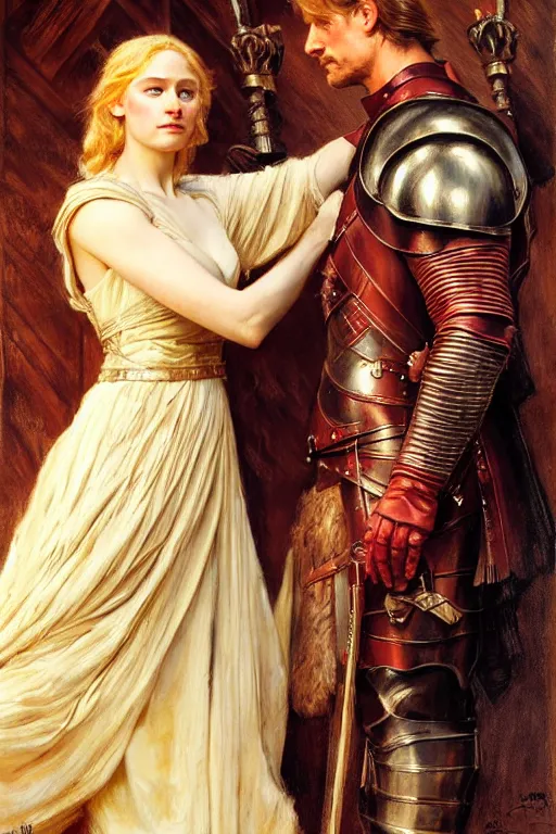 Image similar to attractive fully clothed young jaime lannister confesses his love for his attractive fully clothed brienne of tarth. highly detailed painting by gaston bussiere and j. c. leyendecker 8 k