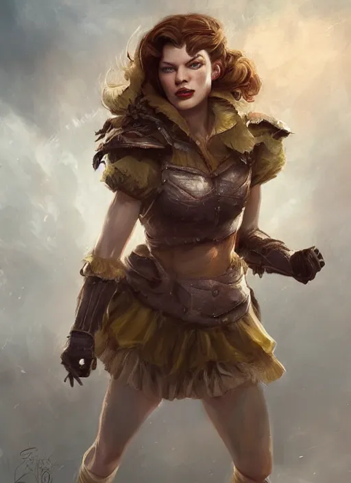 Image similar to beautiful female dorothy gale, milla jovovich as dorothy, full body character concept, armor, super powers, fantasy, intricate, elegant, highly detailed, digital painting, artstation, concept art, shining, sharp focus, illustration, art by stanley lau