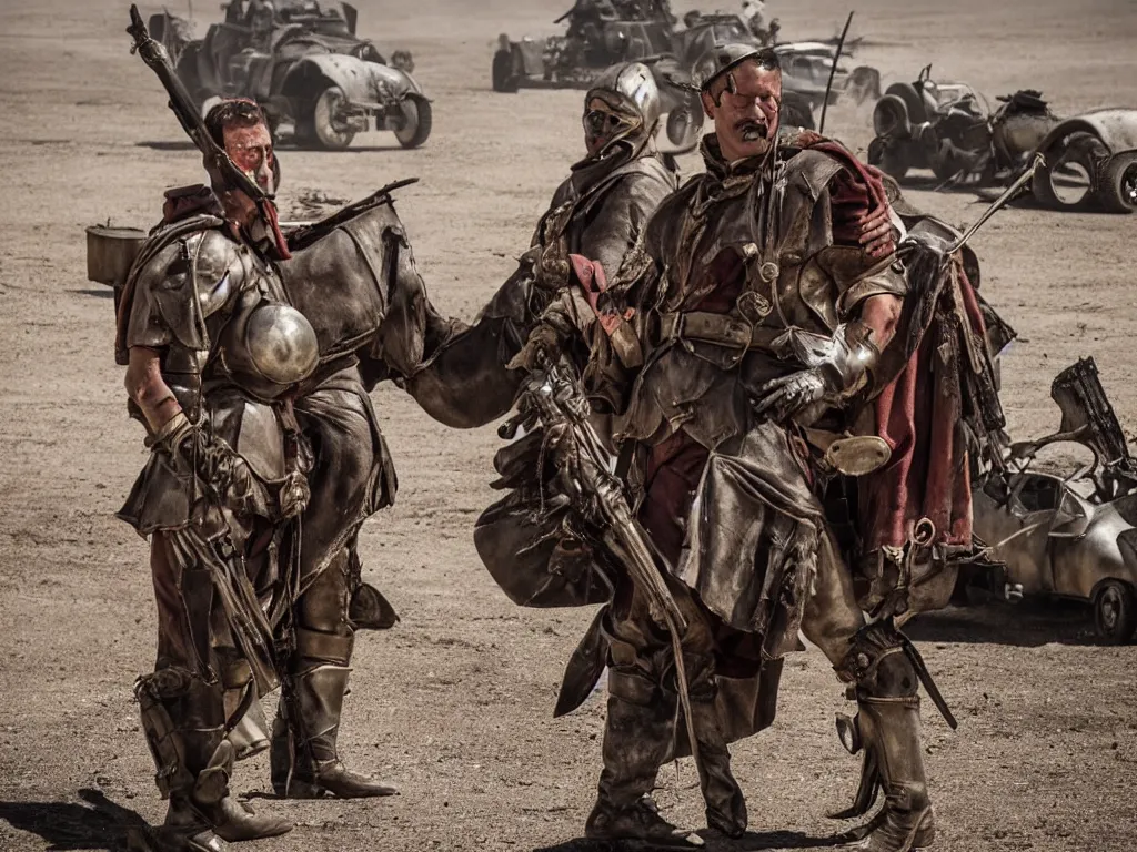 Image similar to swiss guard in mad max: fury road (2016) photorealistic 8k promotional photo shot