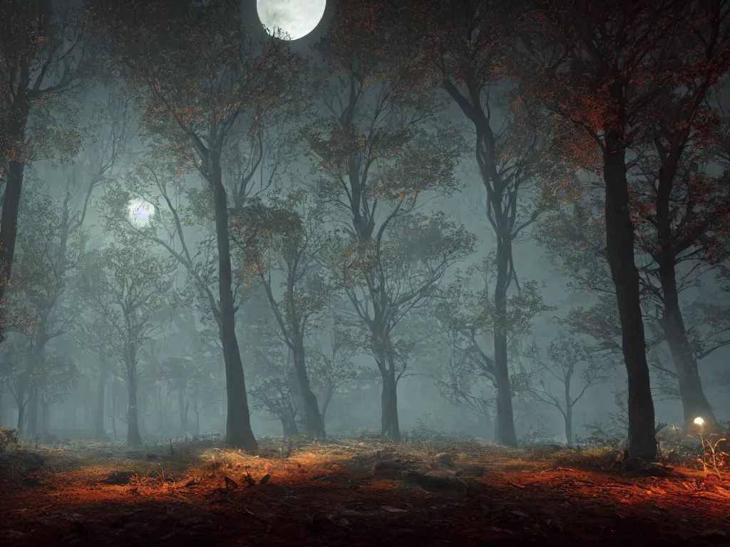 Image similar to unreal engine hyperreallistic render 8k highly detailed 4K fantasy matte painting of a spooky moonlit forest at night in october