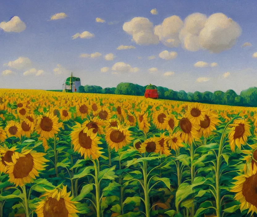 Image similar to a very detailed painting of a sunflower field, baby blue sky with very aesthetic stylized clouds, there is an ad billboard on the field, cows are on the field, an ufo is in the air, the ufo beams up a cow with a green light beam, in the style of edward hopper and kandinsky, very small brushstrokes, 4 k,