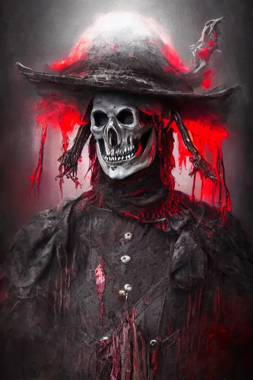 Image similar to the ghost - spirit of the grim - hatter wears the scarlet skull armor and blood headdress, midnight fog - mist!, dark oil painting colors, realism, cinematic lighting, various refining methods, micro macro autofocus, ultra definition, award winning photo