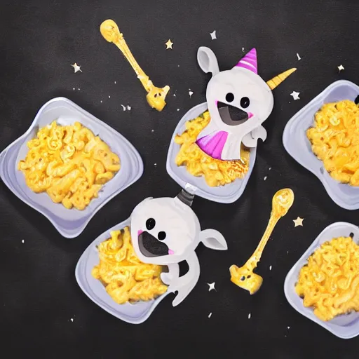 Prompt: A group photo of a seal, a unicorn, a goat and a box of mac and cheese