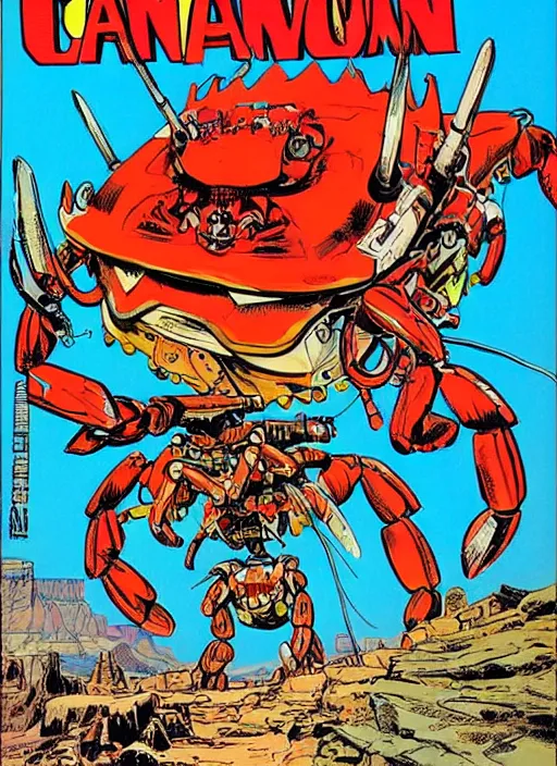 Image similar to comic book cover of a giant mechanical crab at the grand canyon by jack kirby!!! and simon bisley, epic, awesome bright color palette, hard contrast, black ink outlines