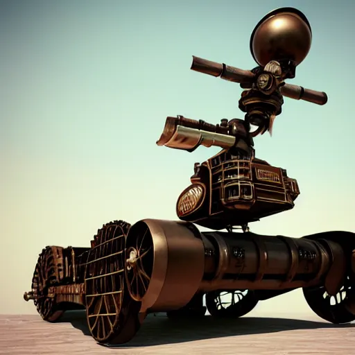 Image similar to steampunk missile tank, 3 d render, octane, ray tracing, ultra high resolution, ultra detailed, photorealistic, 8 k