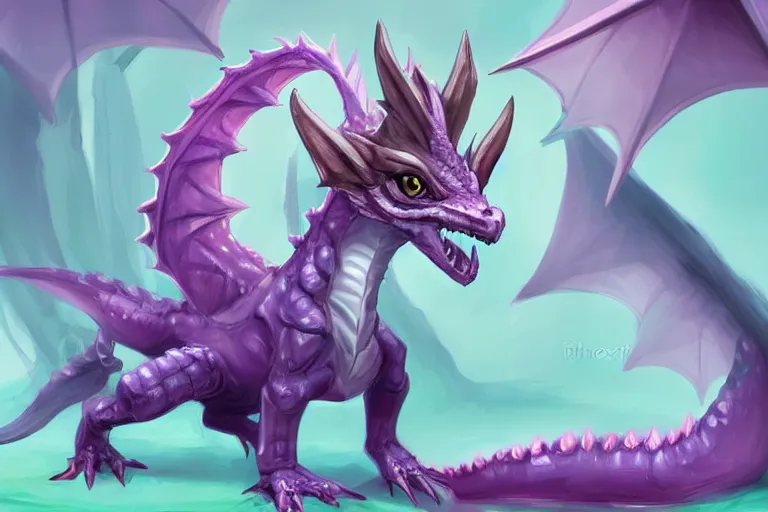 Image similar to full body digital illustration of a cute baby dragon by randy Vargas, iridescent purple, concept art, matte background, deviantArt, artstation