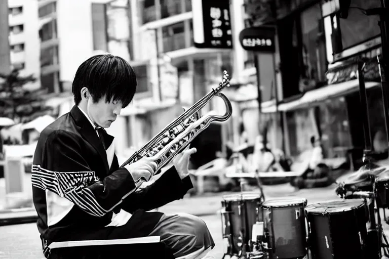 Image similar to still photo of a japanese man playing jazz on the street, black and white color aesthetic, highly detailed, photorealistic portrait, bright studio setting, studio lighting, crisp quality and light reflections, unreal engine 5 quality render