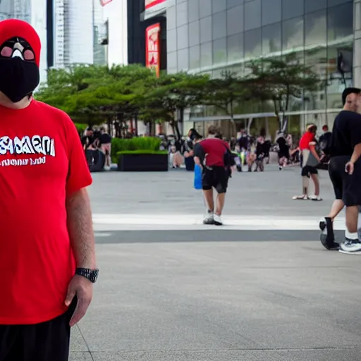 Prompt: a short stocky Italian man wearing a red ski mask over his face, with black goggles on his head, black t-shirt and light khaki cargo shorts, posing for a picture at anime matsuri convention