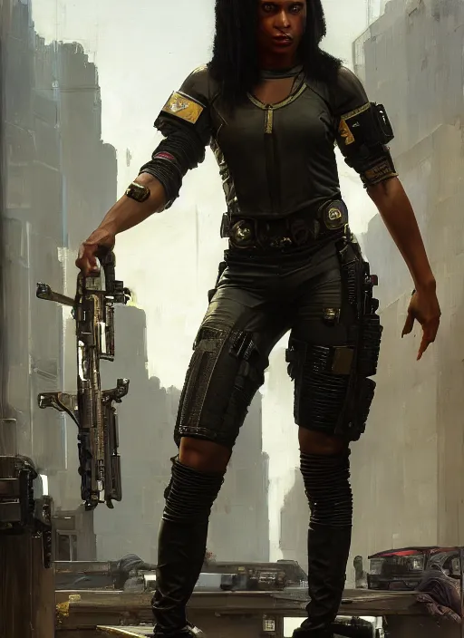 Prompt: maria igwe. cyberpunk mercenary wearing a military vest and combat jumpsuit. (Cyberpunk 2077, bladerunner 2049). Iranian orientalist portrait by john william waterhouse and Edwin Longsden Long and Theodore Ralli and Nasreddine Dinet, oil on canvas. Cinematic, hyper realism, realistic proportions, dramatic lighting, high detail 4k