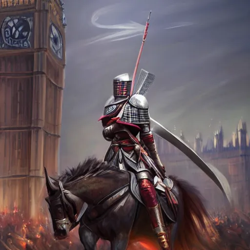 Image similar to painting of a female knight invading london, full view, popular on artstation, artstationhd, artstationhq 8 k, volumetric lighting, super focused, no blur, trending on artstation, artstationhd, artstationhq, ultra detailed, by artgerm and james gurney, greg rutkowski,