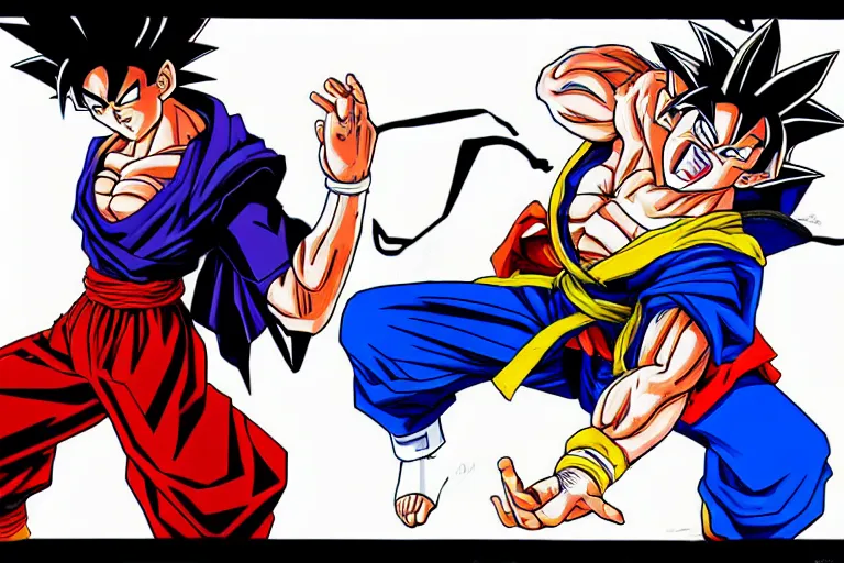 Prompt: goku drawn as a jojo's bizarre adventure character, hirohiko araki art, dynamic pose, cool pose, manga page