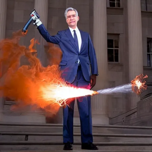 Image similar to photo of Jerome Powell using a flamethrower projecting a long flame. award-winning, highly-detailed