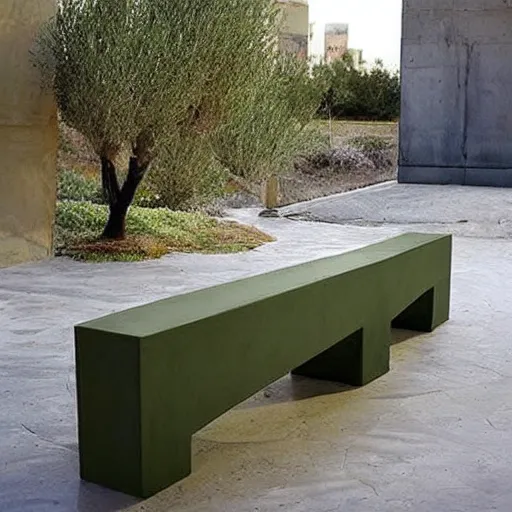 Image similar to creative concrete benches, colorful, olive trees