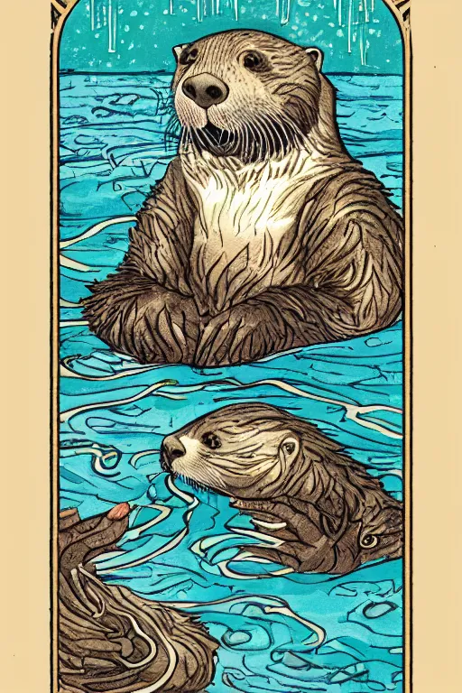 Image similar to tarot card illustration depicting a sea otter on the card the seven of clams, framed in an elaborate rectangular border, tarot card, detailed illustration, sea otter, furry art, artstation, 4 k