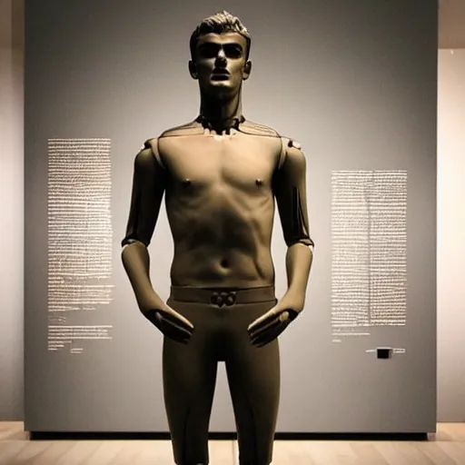 Image similar to “ a realistic detailed photo of a guy who is an attractive humanoid who is half robot and half humanoid, who is a male android, soccer player antoine griezmann, shiny skin, posing like a statue, blank stare, at the museum, on display ”