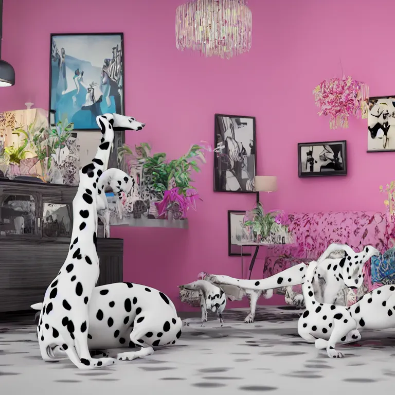Image similar to vogue photoshoot octane render of 1 0 1 dalmatian with white background, focus bright colorful pastel exotic vintage boutique hotel lounge, very short depth of field, bokeh