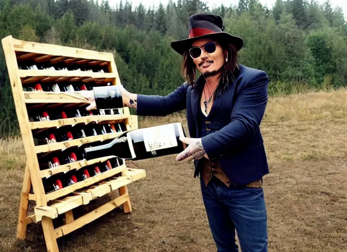 Image similar to jonney depp selling mega pints of wine at a makeshift wood stand, realistic, detailed