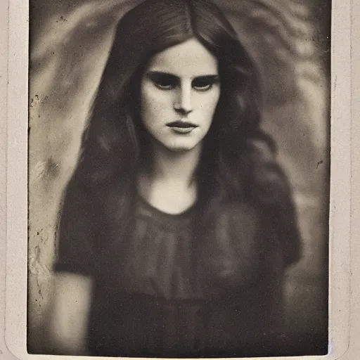 Image similar to tintype photo of lana del rey, by julia margaret cameron 1 8 8 0 s, realistic, body shot, sharp focus, 8 k high definition, insanely detailed, intricate, elegant