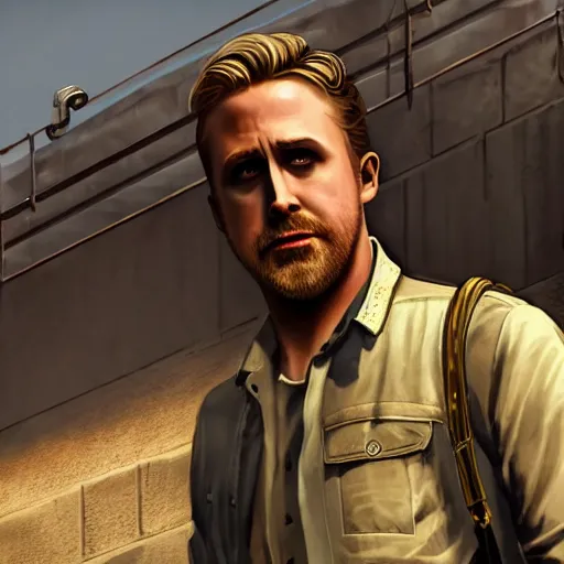 Image similar to Ryan Gosling character in Disco elysium game, HD , 4K, volume light, sharp focus, cinematic composition, dramatic pose, hyper detailed,