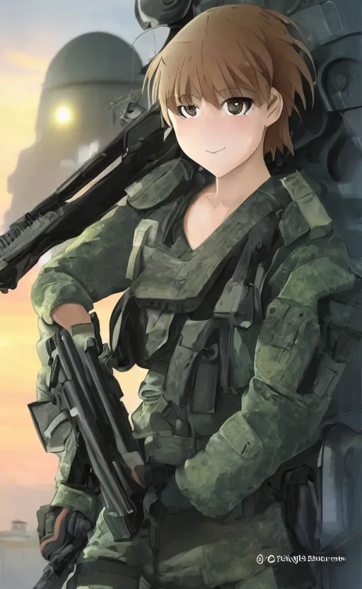 Prompt: smiling girl, trading card front, future soldier clothing, future combat gear, realistic anatomy, concept art, professional, by ufotable anime studio, green screen, volumetric lights, stunning, military camp in the background, metal hard surfaces, focus on generate the face, left eye is closed, tanny skin